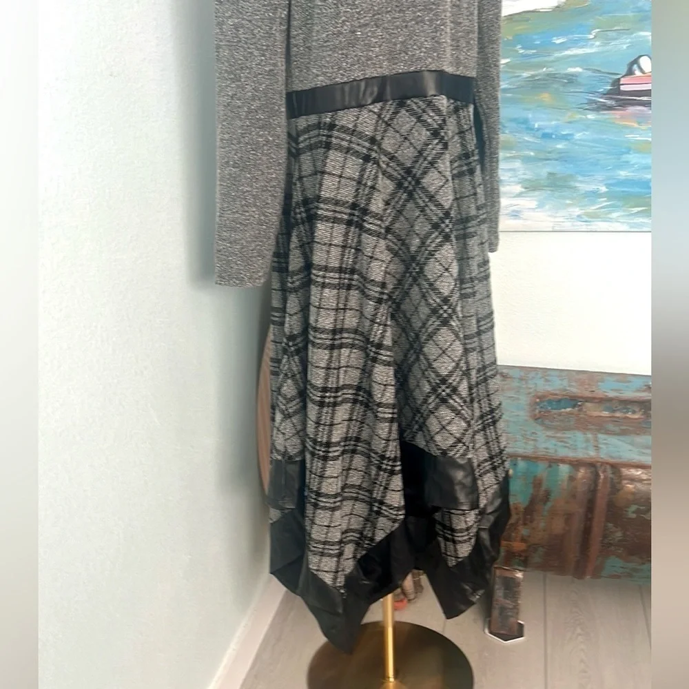 VTG CHI CHI,Asymmetric Plaid Mixed Media Knit Dress,Faux Leather-Hem,USA Size XL